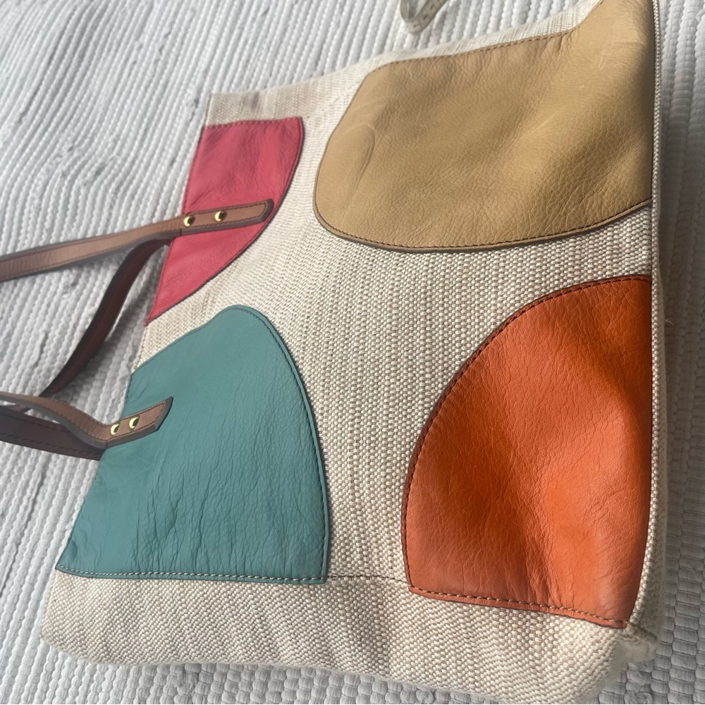 Fossil Canvas Tote Leather Details 14x14 Excellent Pre-Owned - Picture 3 of 16